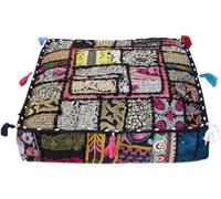 Mam Treasures Indian Bohemian Decorative Pillow Vintage Cushion Cover Patchwork Square Floor Pillow Cover Meditation Cushion Large Floor Pillow Indian Cushion (Black, 16 X 16 X 5 Inch)