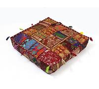 Mam Treasures Indian Bohemian Decorative Pillow Vintage Cushion Cover Patchwork Square Floor Pillow Cover Meditation Cushion Large Floor Pillow Indian Cushion (22 X 22 Inch (55 X 55 cm), Brown)
