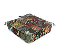 Mam Treasures Indian Bohemian Decorative Pillow Vintage Cushion Cover Patchwork Square Floor Pillow Cover Meditation Cushion Large Floor Pillow Indian Cushion (16 X 16 Inch (40 X 40 cm), Green)