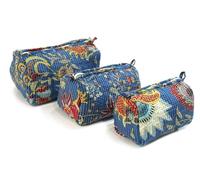 Mam Treasures Toiletry Bag Organizer Indian Cotton Printed Quilted Zipper Closure Cosmetic Handmade Toiletry Bag 3 Pcs Set Quilted Cotton Bag for Toiletries, Cosmetics & Grooming Essentials, Dark