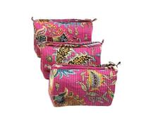 Mam Treasures Toiletry Bag Organizer Indian Cotton Printed Quilted Zipper Closure Cosmetic Handmade Toiletry Bag 3 Pcs Set Quilted Cotton Bag for Toiletries, Cosmetics & Grooming Essentials, Pink,