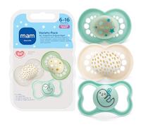 MAM Variety Pack Baby Pacifier, Includes 3 Types of Pacifiers, Nipple Shape Helps Promote Healthy Oral Development, 6-16 Months, Unisex, 3 Count (Pack of 1)