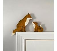 Mama and Baby Fox Door Topper Adorable Fox Shape Statue Door Corner Sculpture for Handcrafted Wood Decor Sign, Creative Wooden Art Figurine Ornament for Garden (Wood Fox(Mam Baby))