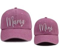 Mama and Mini Hats, Adjustable Cotton Embroidered Parent-Child Baseball Caps, Set of 2 Matching Mom and Daughter Hats, Mama Mini Pink, One Size