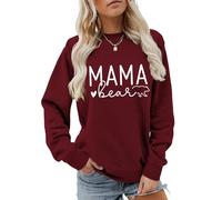 Mama Bear Womens Sweatshirt Cute Best Mom Cool Mother Shirts Round Neck Long Sleeve Fall Clothes Mother’s Day Tops (Wine Red,S)