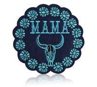 Mama Bull Skull Patch, Turquoise Boho Flowers Western Bull Head Embroidered Patch, 2.96"x2.76" Round Iron-On/Sew-On for Backpacks Hats Jackets Jeans Hoodies, Powerful Boho Badge for Mothers, Cowgirls