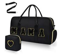 Mama Hospital Bag for Women Labor and Delivery Nylon Chenille Letter Embroidered Duffle Overnight Weekender Bag with Shoes Compartment and Mothers Day Gifts, Black/Gold, L