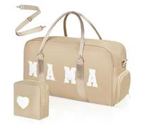 Mama Hospital Bag for Women Labor and Delivery Nylon Chenille Letter Embroidered Duffle Overnight Weekender Bag with Shoes Compartment and Mothers Day Gifts, Khaki-Mama