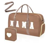 Mama Hospital Bag for Women Labor and Delivery Nylon Chenille Letter Embroidered Duffle Overnight Weekender Bag with Shoes Compartment and Mothers Day Gifts, Brown-Mama