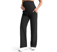 Mama Land Maternity Pants Over The Belly High Waisted Wide Leg Yoga Pants with Pockets Stretchy Pregnancy Lounge Clothes, Black, L Tall US