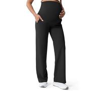 Mama Land Maternity Pants Over The Belly High Waisted Wide Leg Yoga Pants with Pockets Stretchy Pregnancy Lounge Clothes, Black, M Tall