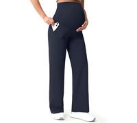 Mama Land Maternity Pants Over The Belly High Waisted Wide Leg Yoga Pants with Pockets Stretchy Pregnancy Lounge Clothes, Navy Blue, XXL Tall
