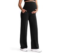 Mama Land Maternity Wide Leg Pants Over Belly Yoga Work Pregnancy Pants, Black, M Petite