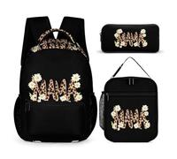 Mama Leopard Daisy Flower 3 PCS Backpack Set Cute Rucksack with Pencil Case & Lunch Bag Gifts