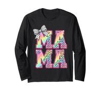 Mama Rainbow Leopard Print Polka Dot Bow Long Sleeve T-Shirt
