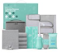 Mama & Wish® C-Section Recovery Kit Must Haves - Postpartum Essentials 12-Piece Set with Belly Binder, No-Shower Wipes, Silicone Scar Patches, Peri Bottle, Underwear, Grip Socks & Toiletry Bag