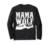 Mama Wolf Howling Silhouette Mountain Pine Trees Design Long Sleeve T-Shirt