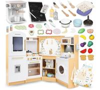 Mamabrum Corner Play Kitchen with Washing Machine, Lights and Sounds - Wooden Toy Kitchen Playset for Kids Age 3+ - Accessory Utensils and Running Water Circulation - 50-Piece Fruit & Veg Set