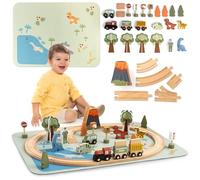 Mamabrum Dino Park Wooden Train with Volcano and Anti-Slip Mat - Train, Tracks, Dinosaurs, Car, Signs - Prehistoric Set 65x48 cm for Children 3+