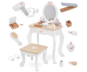 Mamabrum Kids Dressing Table for Girls with Mirror and Stool - Wooden Vanity Table and Chair with Accessories - Role Play Set Toy for Make Up Artist