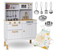 Mamabrum White Wooden Play Kitchen with Accessories and Apron - Modern Design - Microwave, Induction Hob, Oven - Pretend Cooking Toy - For Kids Age 3+