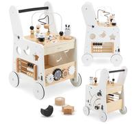 Mamabrum Wooden 6-in-1 Baby Walker with Activity Table - Push Along Walker with Shape Sorter, Bead Mazes, Abacus, Gears and Stacking Blocks, Educational Play Centre for Toddlers 12+ Months