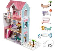Mamabrum Wooden Dolls House XXL with Terrace Garden, LED Lights, Furniture & Accessories Included, 3-Storey Houses & Wooden Sweet Playhouse with Painted Roof & Walls for Little Girls, Rose/Light Blue
