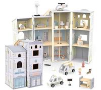 Mamabrum Wooden Fire Station & Police Station Playset for Kids - 3-Storey Toy Building with Vehicles & Accessories - Compatible with Figures - Ideal for Role Play & Creative Fun