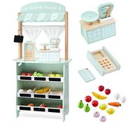Mamabrum Wooden Pretend Grocery Store, Large Wooden Market Stall Reversible Pretend Wooden Shop and Theatre 2 in 1, Accessories Included: Scale, Payment Terminal, Fruit and Vegetables