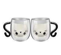 Mamamax 2pcs Cute Cat Mugs, 250ml, Glass, Double Wall, Insulated, for Cold/Hot Drinks, Round, Reusable, Black
