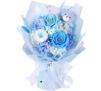 MAMAMIKO Preserved Flowers Bouquet with Bear, Real Forever Flowers for Delivery, Long-Lasting Blue Eteranl Roses Bouquet Birthday Gifts for Women, Mother, Wife, Her