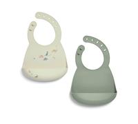 Mamas & Papas 2-Pack Waterproof Silicone Baby Bibs, Adjustable BPA-Free Feeding Bibs with Large Pocket for Food Catching, Ideal for Weaning for 6-18 Months - Dino Teal