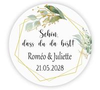 MameArt 50 Personalised Plant Theme Wedding Stickers, Schön dass du da bist Guest Gift Stickers, 4 cm for Wedding, Christening, Communion, Birthday and Say Thank You 8DE0605 (Love 6)