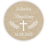 MameArt 50 x Personalised Baptism Cross Stickers First Name and Date 4 cm Labels Stickers for Wedding, Birthday, Years, Christening, Party Gifts (Linen) 1FR1002A