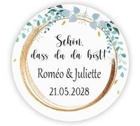 MameArt 8DE0605 Personalised Plant Theme Wedding Stickers, "Schön dass du da bist Guest Gift Stickers, 4 cm for Wedding, Christening, Communion, Birthday and Say Thank You (Love 4)