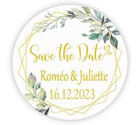 MameArt Pack of 50 4 cm Personalised Wedding Stickers with Wreath Sticker for Wedding Guest Gift Christening Communion Birthday Celebrations Gifts Presents (Save The Date), 3DE0110A