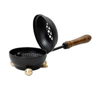 MaMeMi Black Iron Smoking Pan with Wooden Handle, Small & Compact [Diameter 8 cm, Length with Handle Approx. 22 cm] With Removable Strainer