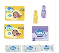 Mamia Newborn Baby Bundle, Size 1, 24 Nappies, Bedtime Bath, Shampoo, 150 Nappy Sacks, Extra Sensitive Wipes