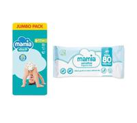 Mamia Size 6+ Jumbo Nappies (50 Pack) + Mamia Sensitive Baby Wipes (80 Pack) | Extra Absorbent DryFast Nappies & Fragrance-Free Wipes for Gentle Baby Care