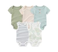 MAMIMAKA Newborn Baby Boy Short Sleeve Bodysuits 5 Pack Cotton One-Piece Baby Clothes Teal Blue, 6-9 Months