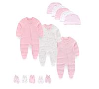 MAMIMAKA Newborn Baby Clothes Sleepsuit Set 2-Way Zip Cotton Footed Pajamas, Caps and Scratch Mittens 0-6 Months
