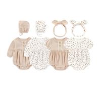 MAMIMAKA Newborn Baby Girl Bodysuit 4 Pack Cotton Bubble Rompers Infant Outfit Floral Long Short Sleeve Bodysuits, 6-9 Months