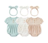 MAMIMAKA Newborn Baby Girl Clothes 3 Pack Cotton Bubble Romper with Headband, 3-6 Months