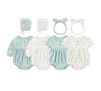 MAMIMAKA Newborn Baby Girl Clothes 4 Pack Cotton Bubble Rompers Infant Outfit Floral Long Short Sleeve Bodysuits, 3-6 Months