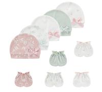 MAMIMAKA Newborn Baby Hats Mittens Set Cotton Beanie Caps and No Scratch Mitten Gloves for Baby Boy Girl, 0-6 Months