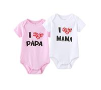 MAMIMAKA Unisex-Baby 2-pack Solid One-Piece Newborn Twins I Love Papa I Love Mama Bodysuits 0-24Months Boys and Girls