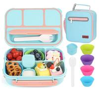 MaMix Bento Box Adult Lunch Box, Lunchable Containers for Kids Adults with 4 Compartments + Lunch Bag, with Utensils, Sauce Jar, Muffin Liners (Pastel blue set)