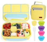 MaMix Bento Box Adult Lunch Box, Lunchable Containers for Kids Adults with 4 Compartments + Lunch Bag, with Utensils, Sauce Jar, Muffin Liners (yellow set)