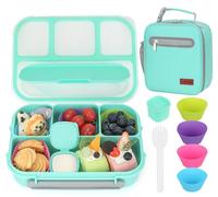 MaMix Bento Box Adult Lunch Box, Lunchable Containers for Kids Adults with 4 Compartments + Lunch Bag, with Utensils, Sauce Jar, Muffin Liners (green set)