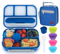 MaMix Bento Box Adult Lunch Box, Lunchable Containers for Kids Adults with 4 Compartments + Lunch Bag, with Utensils, Sauce Jar, Muffin Liners (bright blue set)